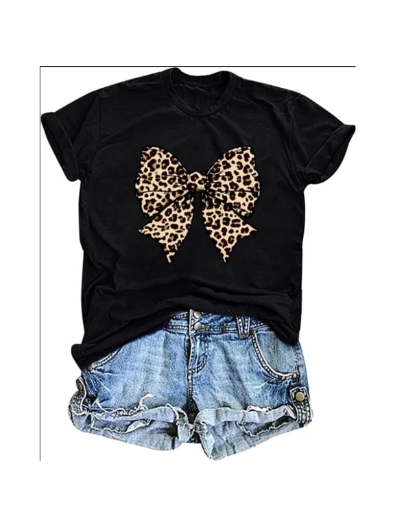 Women's 100% Cotton T-Shirt 180gsm - Bow Leopard Shirt for Women Cheetah T-Shirts for Women Bow Graphic Tees Short Sleeve Aesthetic Tee Top