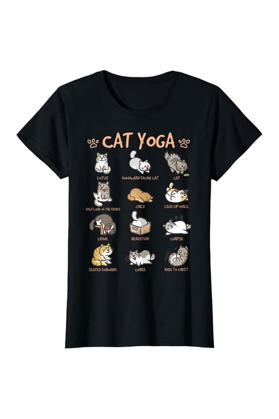 Women's 100% Cotton T-Shirt 180gsm - Funny Cat Yoga Graphic Tee, Black Comfortable Breathable Soft Tee