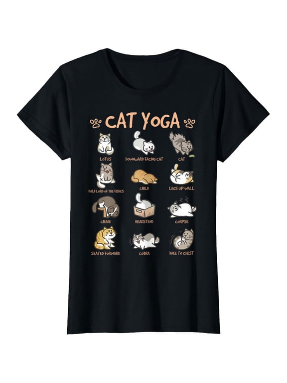Women's 100% Cotton T-Shirt 180gsm - Funny Cat Yoga Graphic Tee, Black Comfortable Breathable Soft Tee