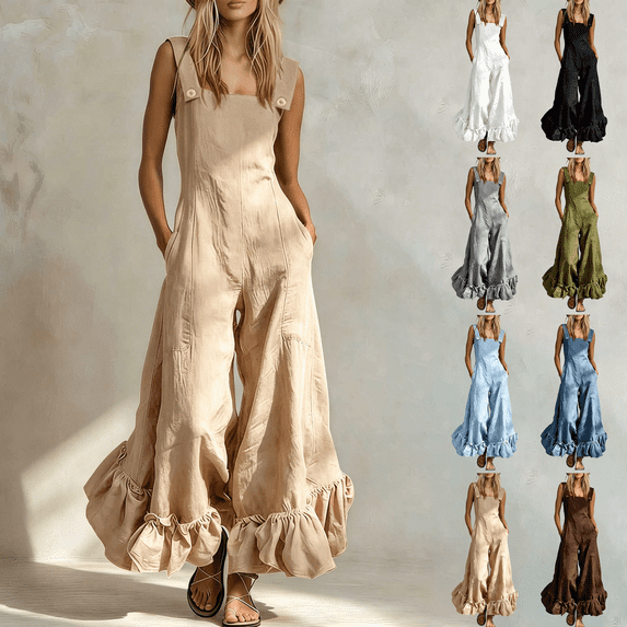 Women's 100% Cotton Wide Leg Jumpsuit with Pockets, Sleeveless Crew Neck Ruffle Hem, Mid Elastic Waist, Casual Lounge Summer | VerBelle,Wine M