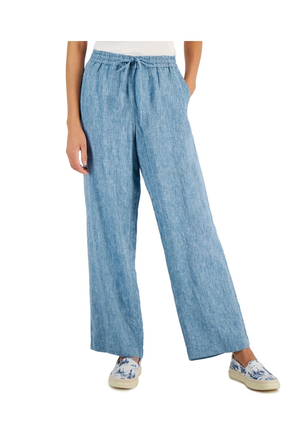 Women's 100% Linen Drawstring-Waist Pants Electric Teal XXL