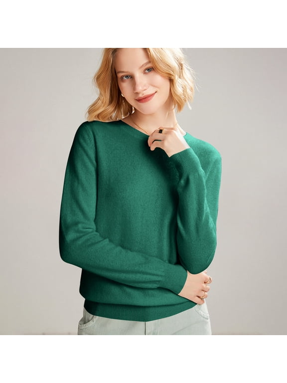 Women's 100 Percent Pure Wool Sweater Long Sleeve Pullover Crew Neck Tops for Woman Dark Green S