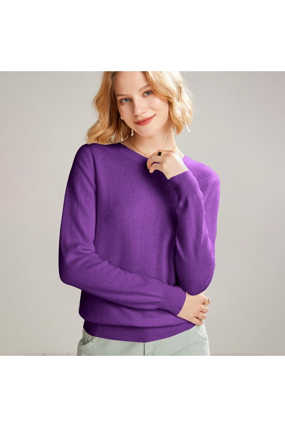 Women's 100% Merino Wool 2024 Fall Winter First-Line Ready to Wear Long Sleeve Seamless Knit Crewneck Sweater Dark Purple L