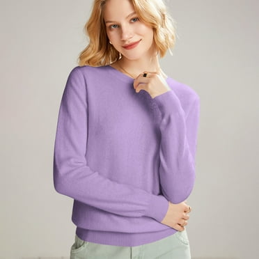 Women's 100% Merino Wool 2024 Fall Winter First-Line Ready to Wear Long Sleeve Seamless Knit Crewneck Sweater Light Purple L