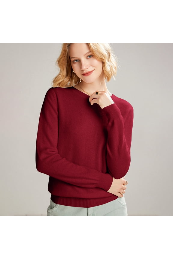 Women's 100% Merino Wool 2024 Fall Winter First-Line Ready to Wear Long Sleeve Seamless Knit Crewneck Sweater Wine L