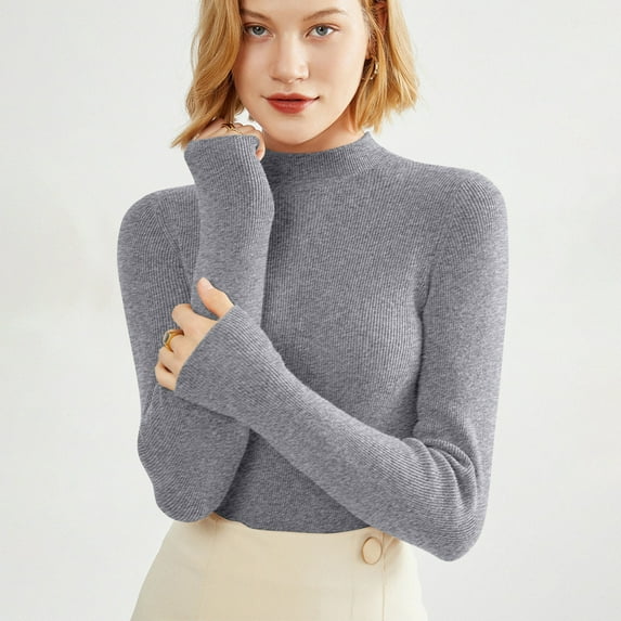 Women's 100% Merino Wool 2024 Fall Winter First-Line Ready to Wear Long Sleeve Seamless Knit Mock Neck Sweater Gray XL