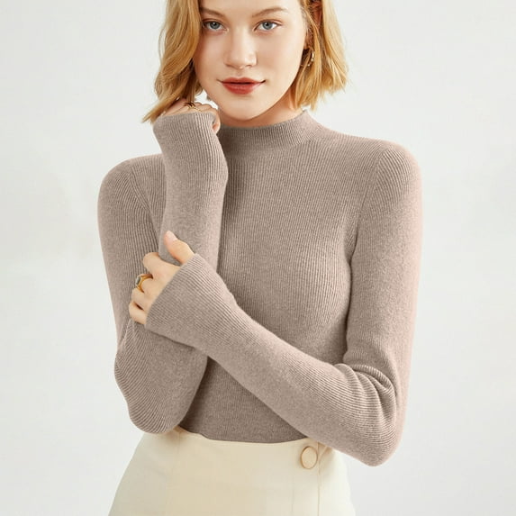 Women's 100% Merino Wool 2024 Fall Winter First-Line Ready to Wear Long Sleeve Seamless Knit Mock Neck Sweater Light Brown L