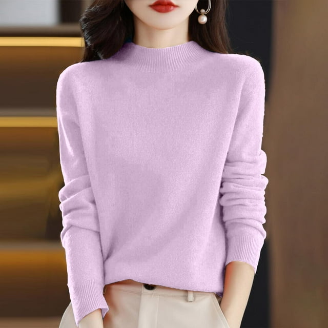 Women's 100% Merino Wool 2024 Fall Winter First-Line Ready to Wear Long Sleeve Seamless Knit Mock Neck Sweater Purple S