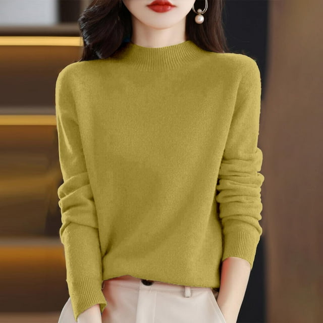 Women's 100% Merino Wool 2024 Fall Winter First-Line Ready to Wear Long Sleeve Seamless Knit Mock Neck Sweater Yellow XL