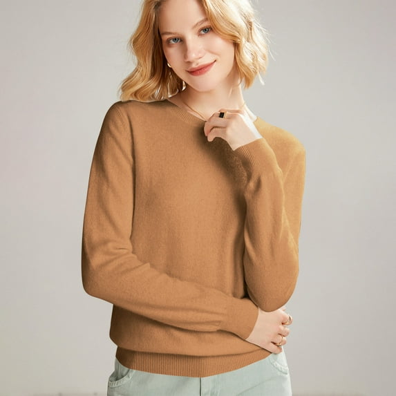 Women's 100 Percent Pure Wool Sweater Long Sleeve Pullover Crew Neck Tops for Woman Bronze XL