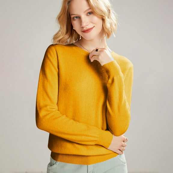 Women's 100 Percent Pure Wool Sweater Long Sleeve Pullover Crew Neck Tops for Woman Saffron L