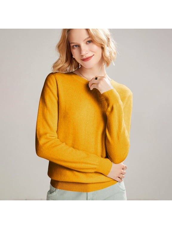 Women's 100 Percent Pure Wool Sweater Long Sleeve Pullover Crew Neck Tops for Woman Saffron L