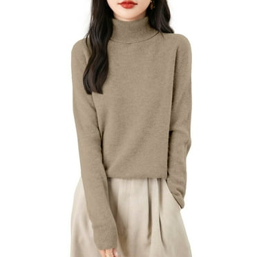 Women's 100% Merino Wool Seamless Sweater Turtleneck First-Line Ready to Wear Long Sleeve Knitted Pullover Tops Camel M