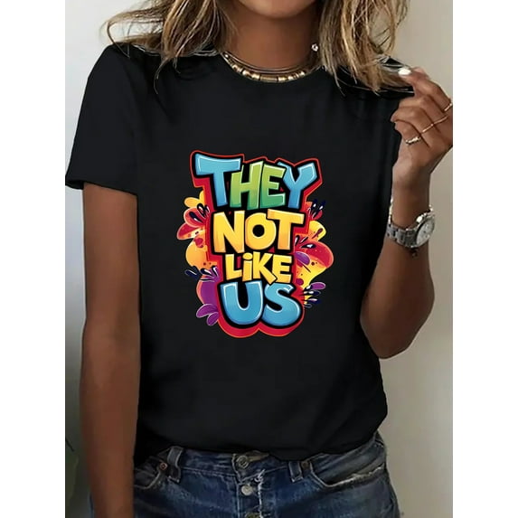 Women's 100% T-Shirt | Breathable Knit Fabric | Round Neck, Short Sleeve | Colorful 'THEY NOT LIKE US' Print | All-Season Comfort | Machine Washable | Casual Style | Ideal for Casual Attire & Gifts
