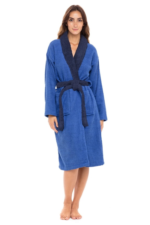 Women’s 100% Terry Cotton Bathrobe Toweling Dressing Gown Robe Two Tone BueNavy
