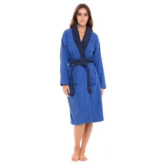 Women’s 100% Terry Cotton Bathrobe Toweling Dressing Gown Robe Two Tone BueNavy