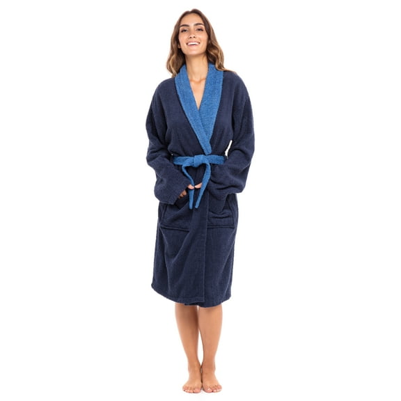 Women’s 100% Terry Cotton Bathrobe Toweling Dressing Gown Robe Two Tone NavyBlue