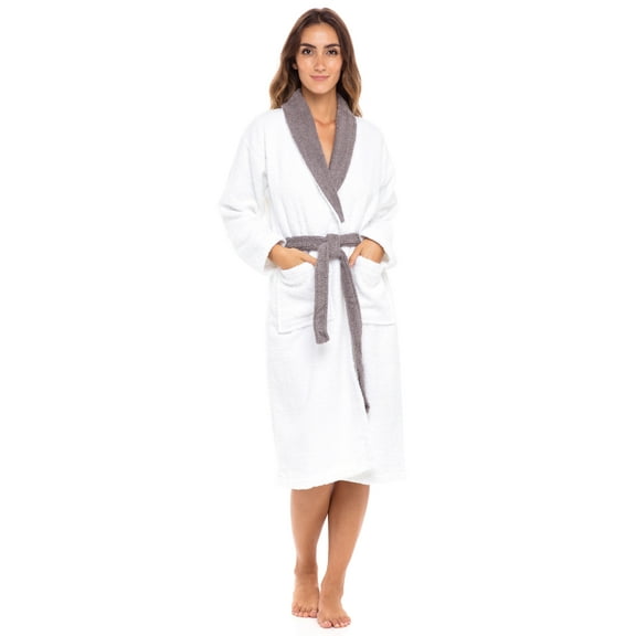 Women’s 100% Terry Cotton Bathrobe Toweling Dressing Gown Robe Two Tone WhiteGray