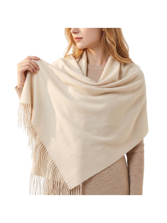 Women's 100% Wool Pashmina Style Wrap Scarf, Thick Soft Warm Winter Shawl, Oversized 27.5"x78.7" with Fringe for Office or Bridal Evening Wear