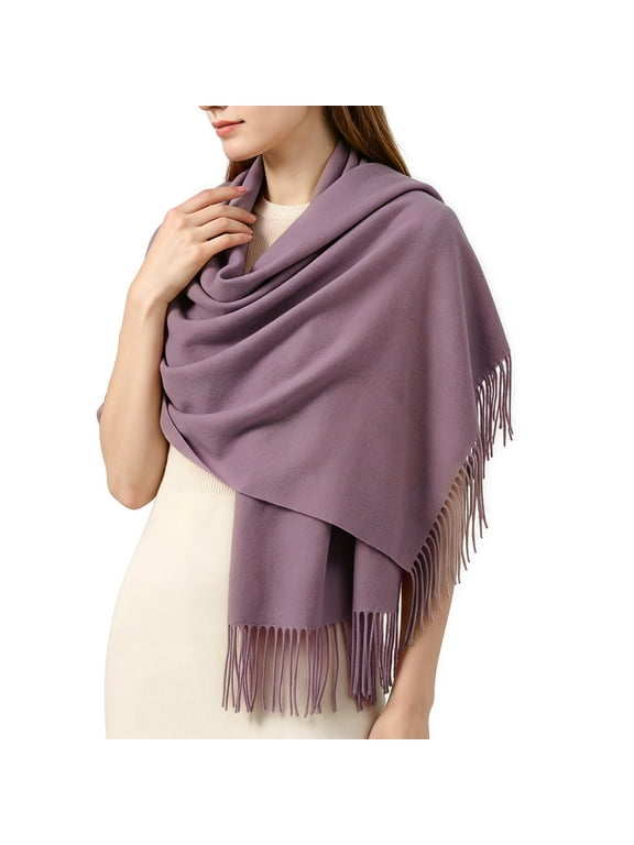 Women's 100% Wool Pashmina Style Wrap Scarf, Thick Soft Warm Winter Shawl, Oversized 27.5"x78.7" with Fringe for Office or Bridal Evening Wear