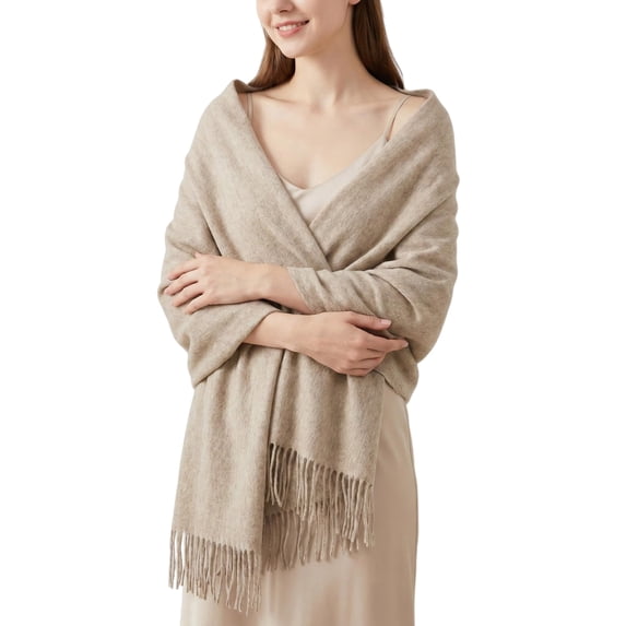 Women's 100% Wool Pashmina Style Wrap Scarf, Thick Soft Warm Winter Shawl, Oversized 27.5"x78.7" with Fringe for Office or Bridal Evening Wear
