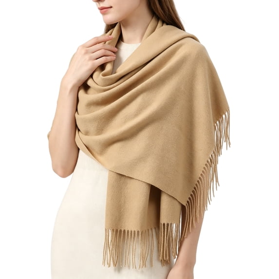 Women's 100% Wool Pashmina Style Wrap Scarf, Thick Soft Warm Winter Shawl, Oversized 27.5"x78.7" with Fringe for Office or Bridal Evening Wear