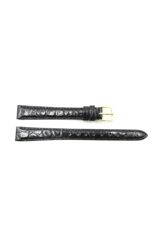 Women's 12mm Black Genuine Leather Round Crocodile Grain Long Watch Band