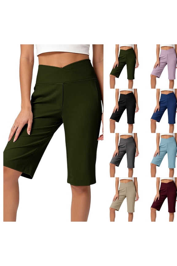 Women's 14" Bermuda Shorts Knee Length High Waisted Stretchy Long Shorts with Pockets Athletic Casual Summer ,L,#01 Army Green