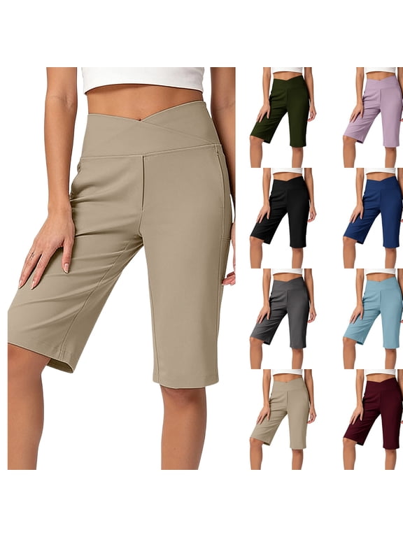 Women's 14" Bermuda Shorts Knee Length High Waisted Stretchy Long Shorts with Pockets Athletic Casual Summer ,L,#01 Khaki