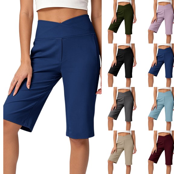 Women's 14" Bermuda Shorts Knee Length High Waisted Stretchy Long Shorts with Pockets Athletic Casual Summer ,S,#01 Navy