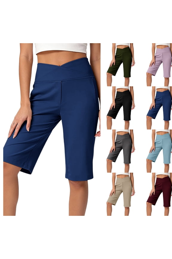 Women's 14" Bermuda Shorts Knee Length High Waisted Stretchy Long Shorts with Pockets Athletic Casual Summer ,S,#01 Navy