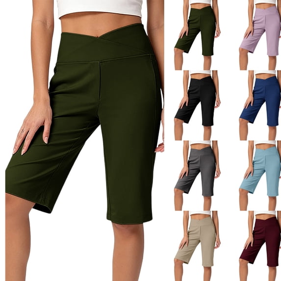 Women's 14" Bermuda Shorts Knee Length High Waisted Stretchy Long Shorts with Pockets Athletic Casual Summer ,XL,#01 Army Green