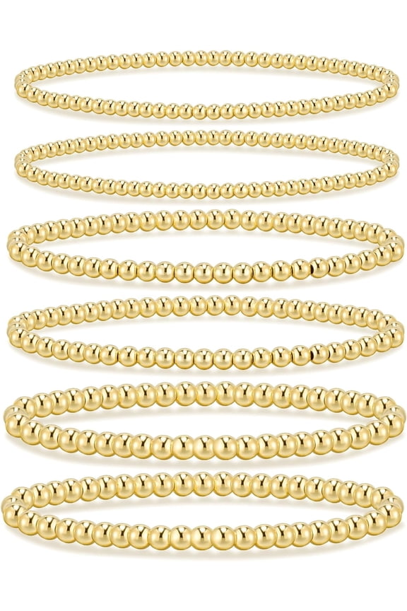 Women's 14K Gold Plated Beaded Bracelet Gold Stretch Bead Ball Bracelet Stacking Set Decoration