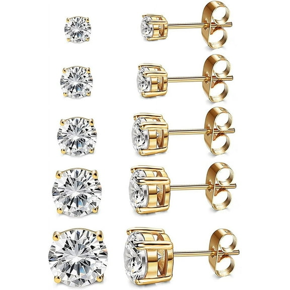 Women‘s 14K Gold Plated CZ Stud Earrings Simulated Diamond Round Cubic Zirconia Ear Stud Set（5 Pairs)