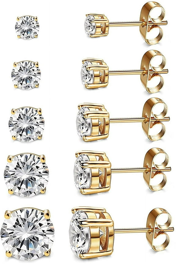 Women‘s 14K Gold Plated CZ Stud Earrings Simulated Diamond Round Cubic Zirconia Ear Stud Set（5 Pairs)
