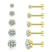 TOTF Women's 14K Gold Plated CZ Stud Earrings Simulated Diamond Round Cubic Zirconia Ear Stud Set（5 Pairs)