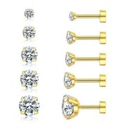 TOTF Women's 14K Gold Plated CZ Stud Earrings Simulated Diamond Round Cubic Zirconia Ear Stud Set（5 Pairs)