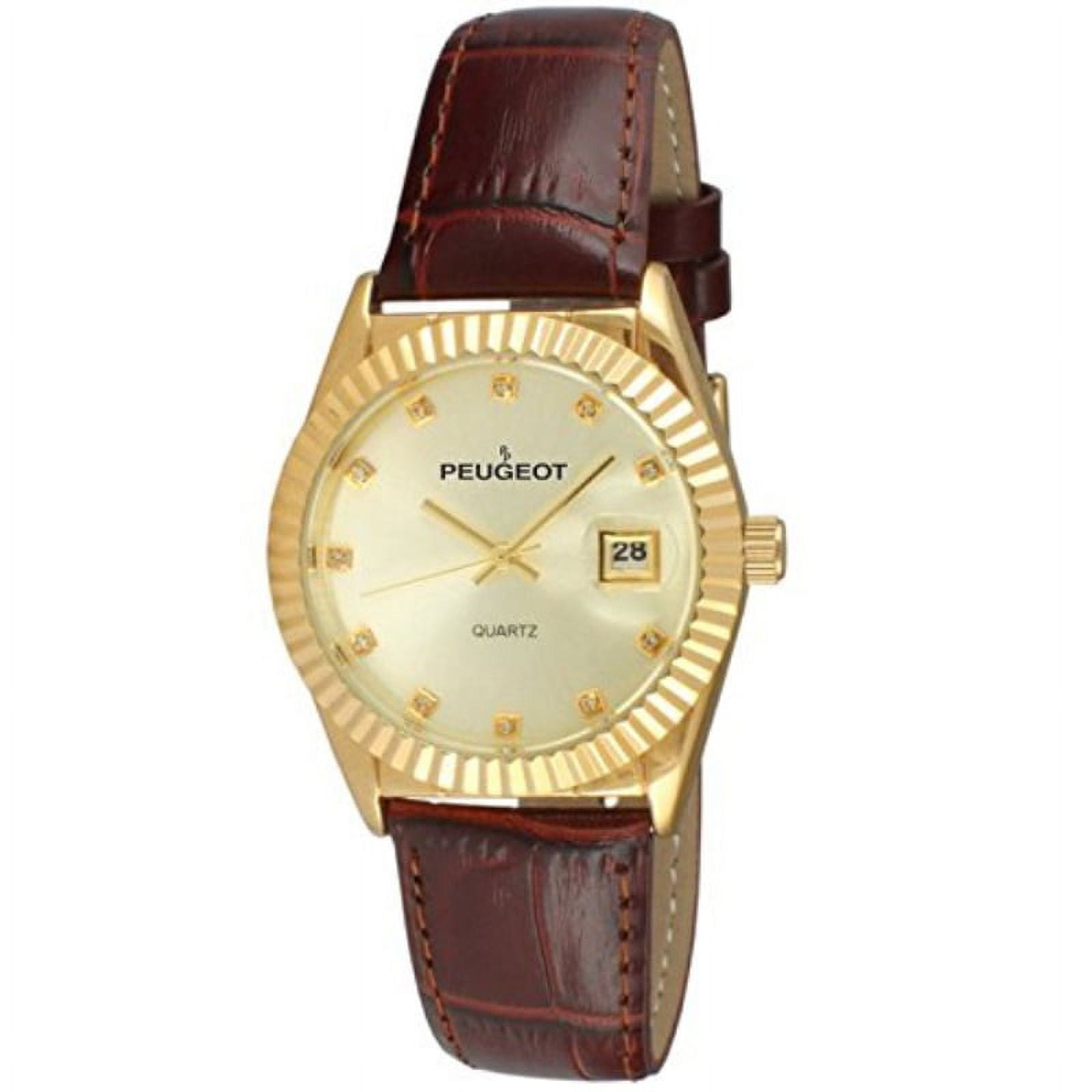 Women's 14K Gold Plated Coin Edge Bezel Brown Leather Band Dress Watch
