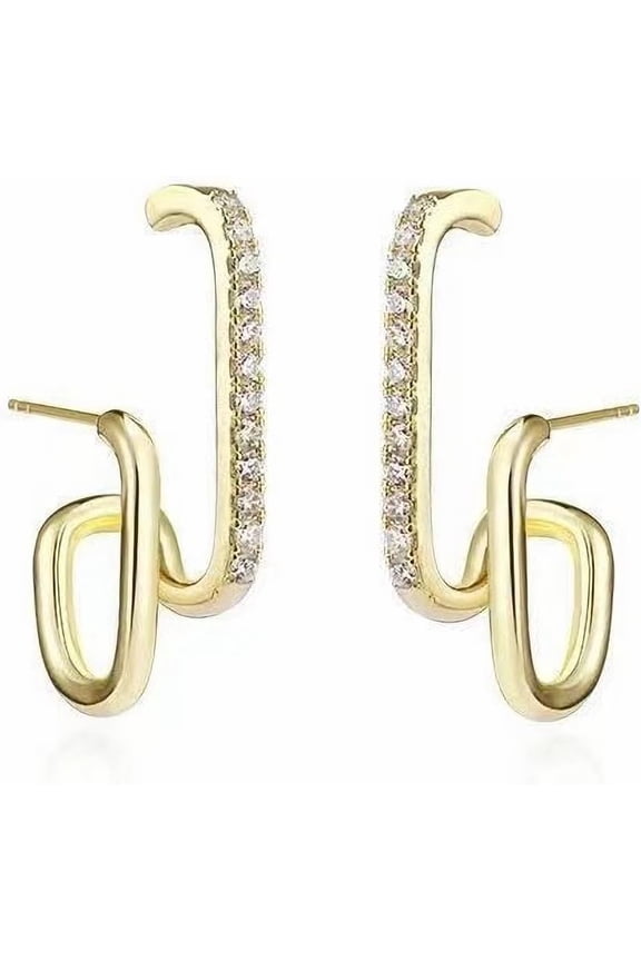 Women's 14K Gold Plated Double Twist Hoop Earrings Double Row Simulated Diamonds Illusion Ear Stud Split Huggie Earrings That Look Like Multiple Piercings Stud Earrings