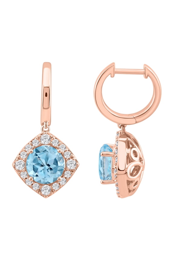 Women's 14K Rose Gold Cushion Shape Blue Topaz & Diamond 5.43TCW Drop Earrings in Prongs Setting (IJ Color/SI1SI2 Clarity)- IGI Certified