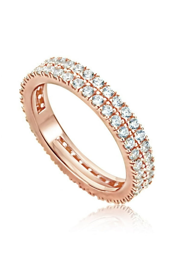 Women's 14K Rose Gold Plated Sterling Silver Round CZ High End 2 Row Stackable Eternity Ring ( Size 5 to 9 )