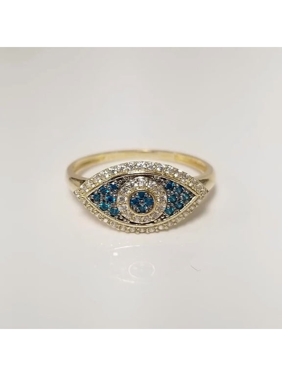 Women's 14K Yellow Gold Plated Lab Created Blue Diamond Evil Eye Ring