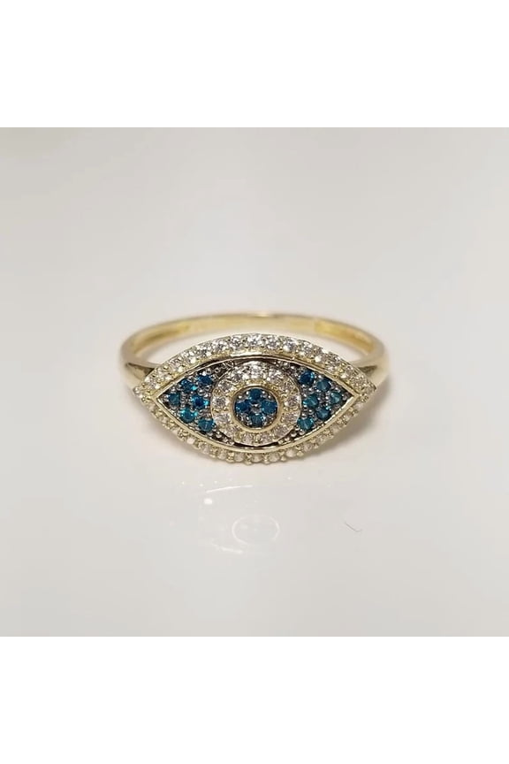 Women's 14K Yellow Gold Plated Lab Created Blue Diamond Evil Eye Ring