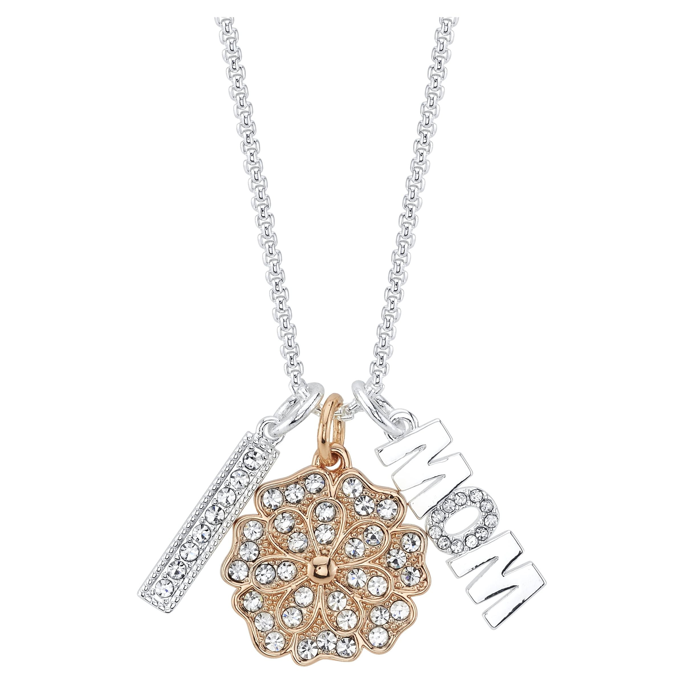 Women's 14Kt Gold Flash Plated Genuine Crystal "Mom" Flower Pendant Necklace, 18+2" Extender