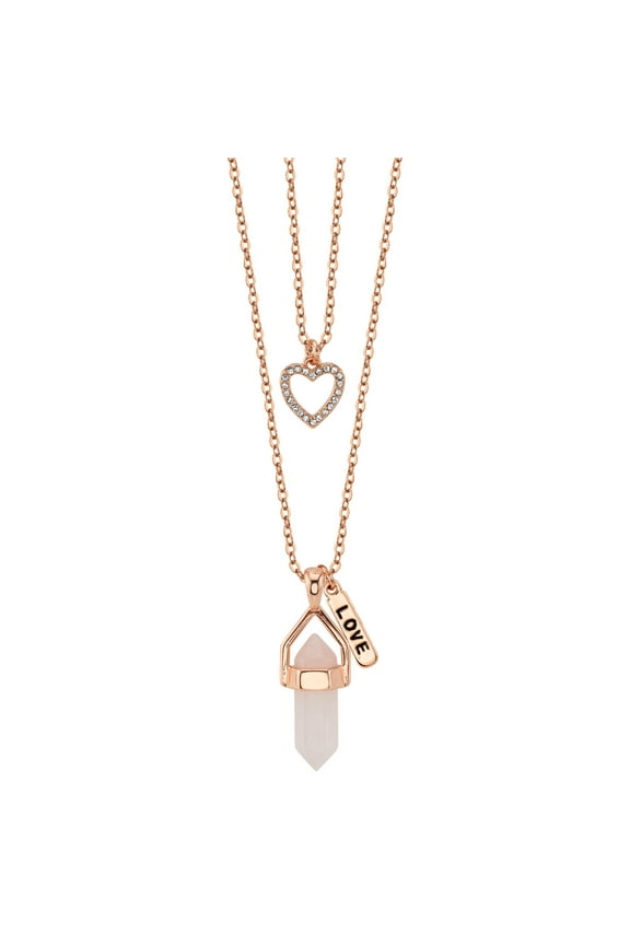 Women's 14Kt Gold Flash Plated Genuine Rose Quartz Stone "Love" Heart Charm Pendant Necklace