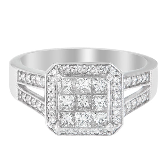 Women's 14k White Gold 1ct TDW Round and Princess Cut Diamond Emerald Frame Ring (H-I,I1-I2)