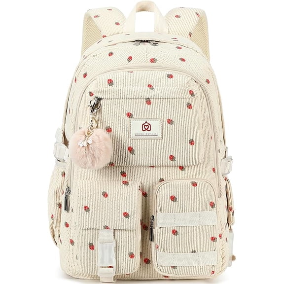 AO ALI VICTORY Women's 15.6 inch Laptop College Backpack Corduroy Work Bag Campus Bookbag Travel Backpack Women's(Beige Strawberries)