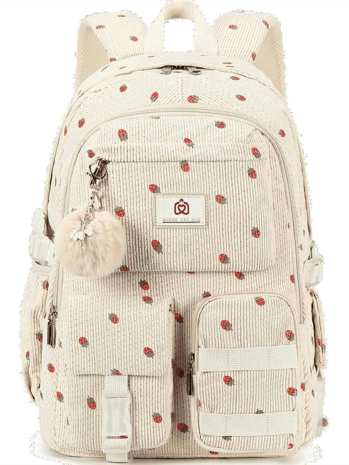 AO ALI VICTORY Women's 15.6 inch Laptop College Backpack Corduroy Work Bag Campus Bookbag Travel Backpack Women's（Beige Strawberries）