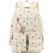 AO ALI VICTORY School Backpack for Teens Women 15.6 in Laptop College Backpacks Corduroy Work Bag Middle High Campus Bookbag Students Pack Travel Daypack Womens Beige Strawberries