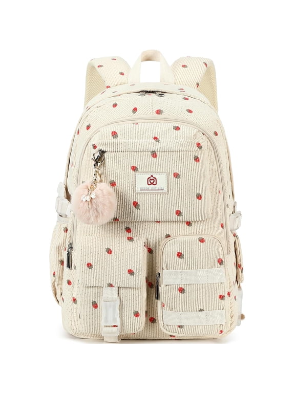 School Backpack for Teens Women 15.6 in Laptop College Backpacks Corduroy Work Bag Middle High Campus Bookbag Students Pack Travel Daypack Womens(Beige Strawberries)
